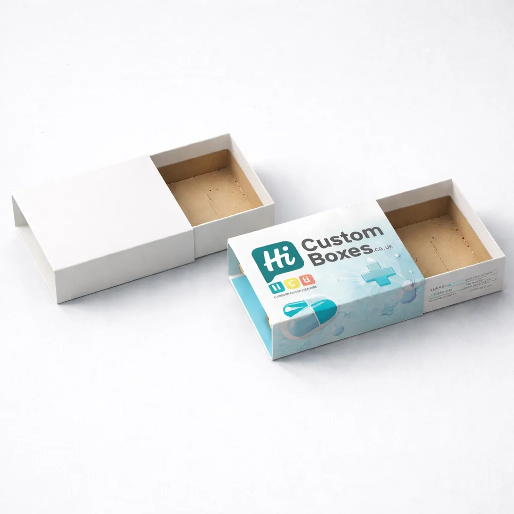 A standard brown cardboard box beside a branded blue box with capsule and medical icons.